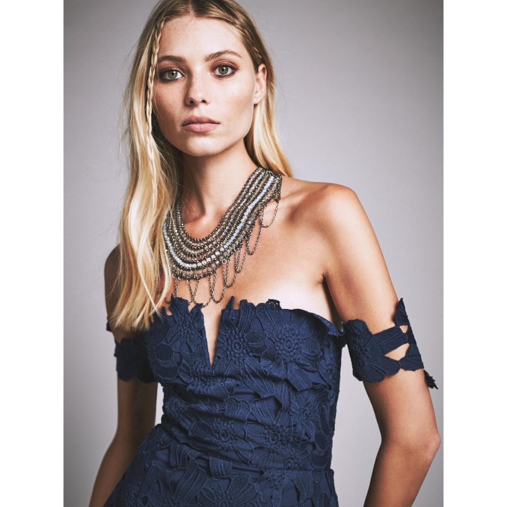 SAYLOR x FREE PEOPLE Navy Blue Off-Shoulder Crochet Lace Dahlia Dress sz XS - Picture 13 of 14